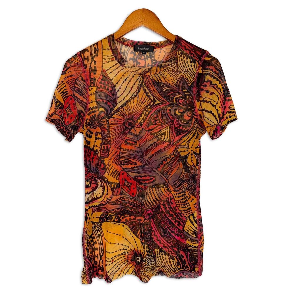 Karen Kane Sheer Mesh Top XL Abstract Floral Art Print Stretch Y2K Boho